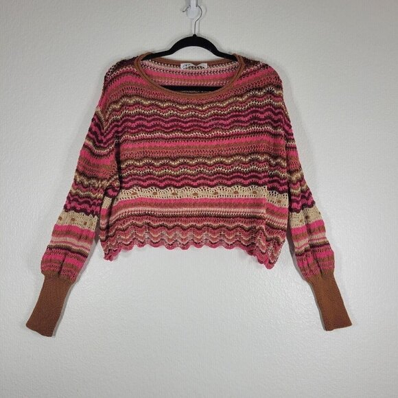 Zara Cropped Knit Sweater Women Size Large Pink Stripes Scallop Hem Boho Hippie - Picture 1 of 11